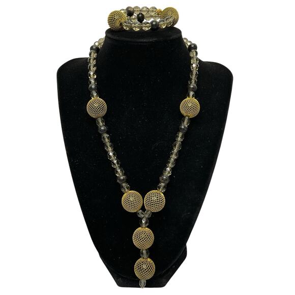 Designer Beaded Necklace & Wire Bracelet Faceted Glass & Wire Mesh Beads Y Drop - Picture 4 of 8